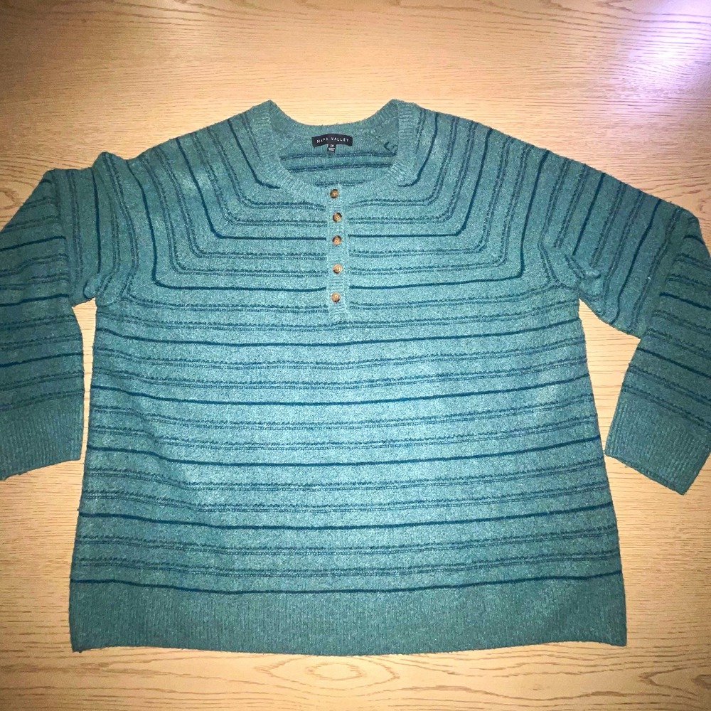 Napa Valley Womens 1X Teal Striped Round Neck Knit Pullover Sweater NV4959F24